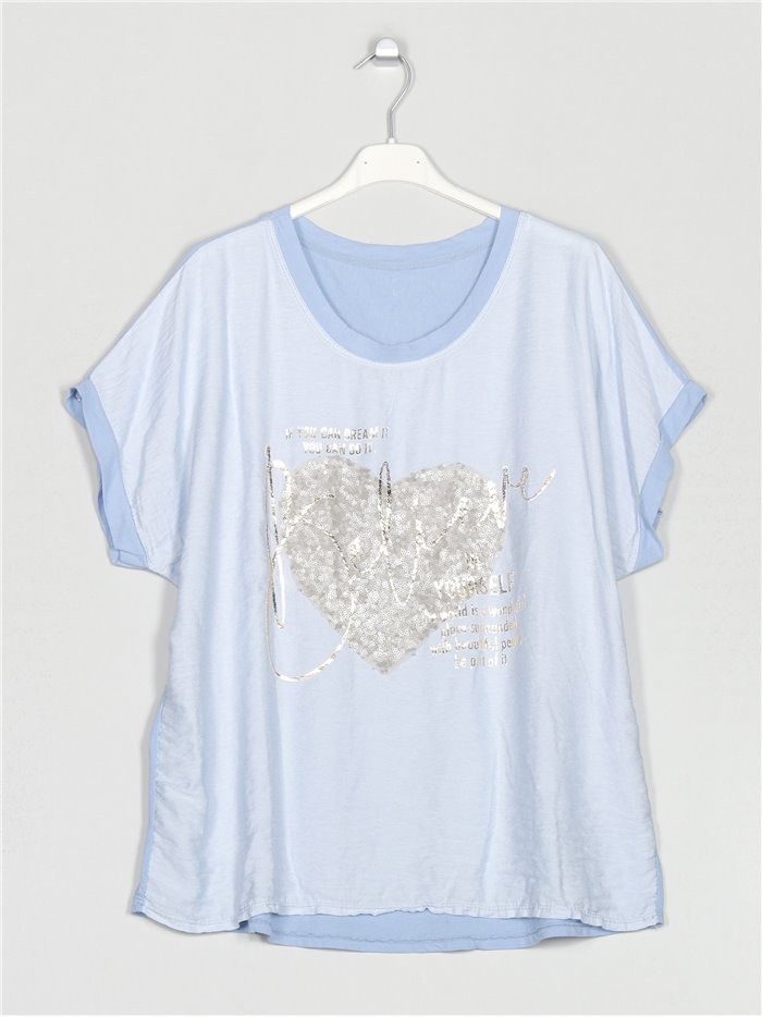 Camiseta corazón lentejuelas azul-claro