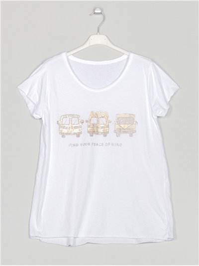 Printed t-shirt with rhinestone blanco