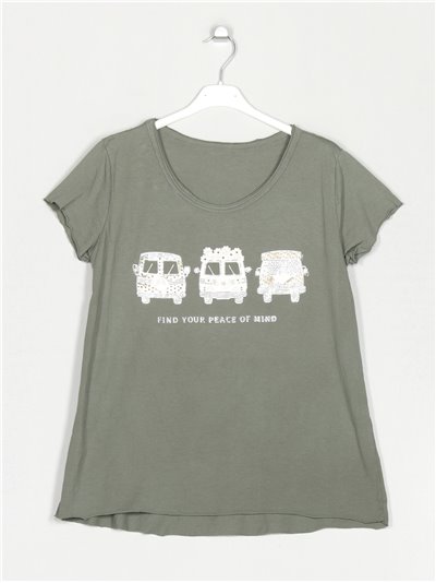 Printed t-shirt with rhinestone verde-militar