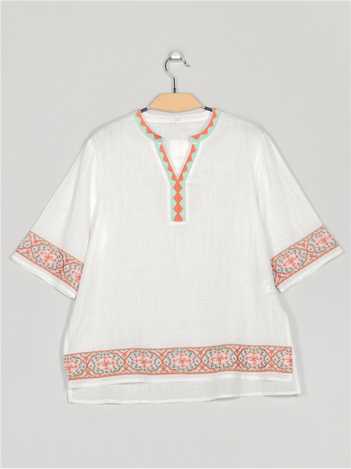 Embroidered linen effect blouse blanco (M-L-XL-XXL)