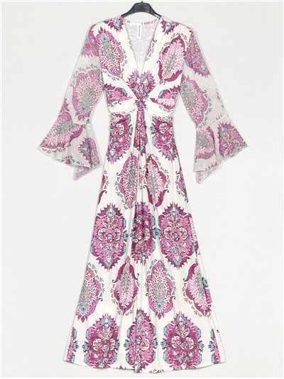 Printed maxi flowing dress with knots buganvilla