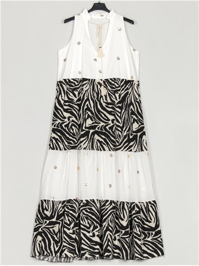 Maxi zebra print dress with ruffles blanco