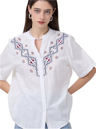 Camisa amplia bordada efecto lino blanco (M-L-XL-XXL)