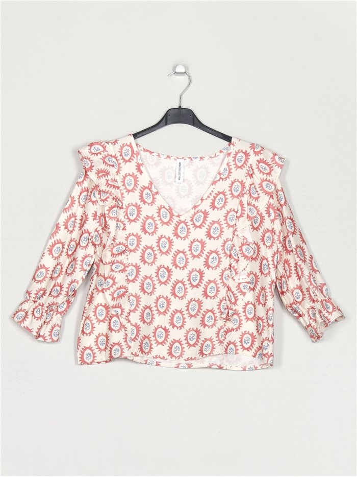 Printed blouse with ruffles coral