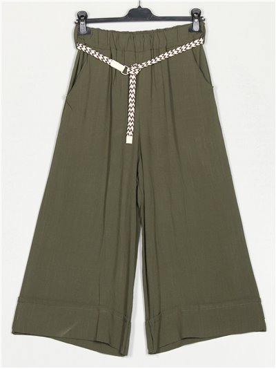 Pantalón culotte efecto lino verde-militar