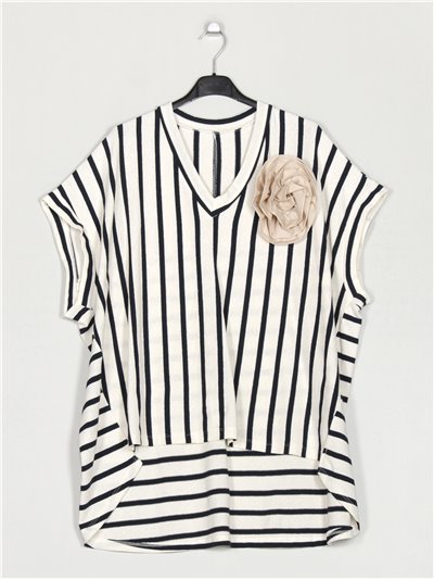 Maxi striped flower t-shirt marino