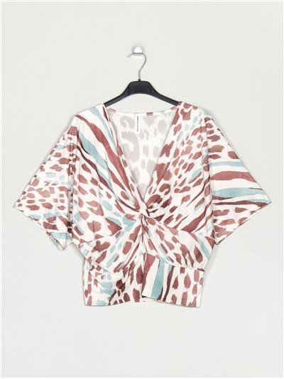 Flowing animal print blouse with knots multi-marron