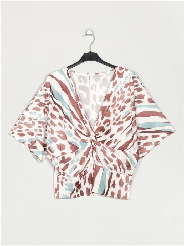 Flowing animal print blouse with knots multi-marron