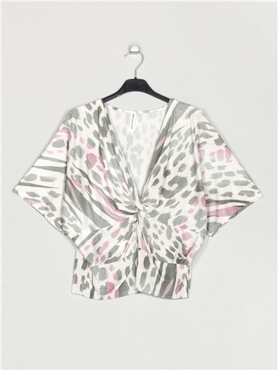 Flowing animal print blouse with knots multi-verde