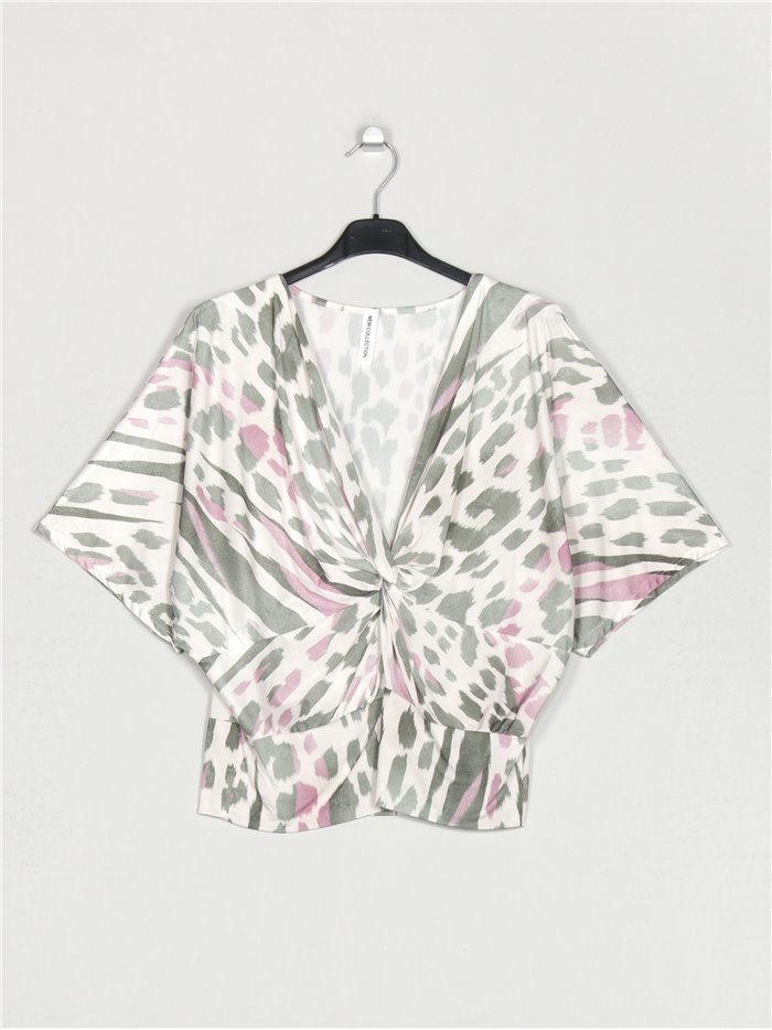 Flowing animal print blouse with knots multi-verde