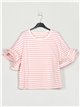 Camiseta rayas manga volantes rosa