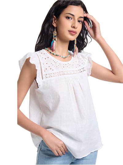 Linen effect blouse with lace blanco (M-L-XL-XXL)