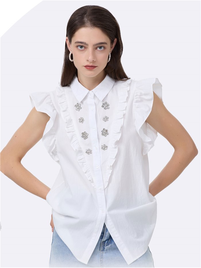 Ruffled shirt with rhinestone blanco (M-L-XL-XXL)