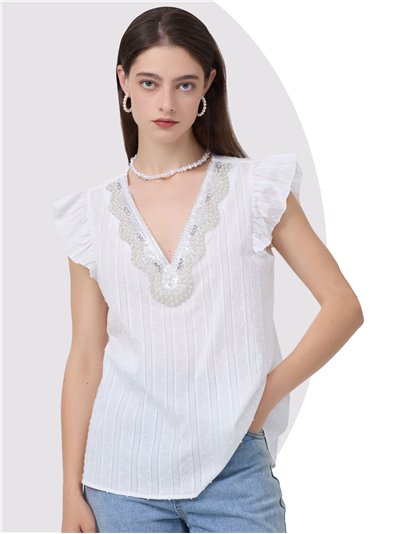 Striped blouse with pearl beads blanco (M-L-XL-XXL)
