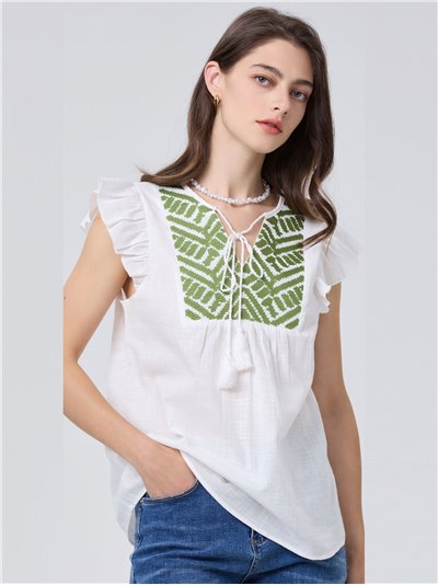Linen effect embroidered blouse blanco (M-L-XL-XXL)