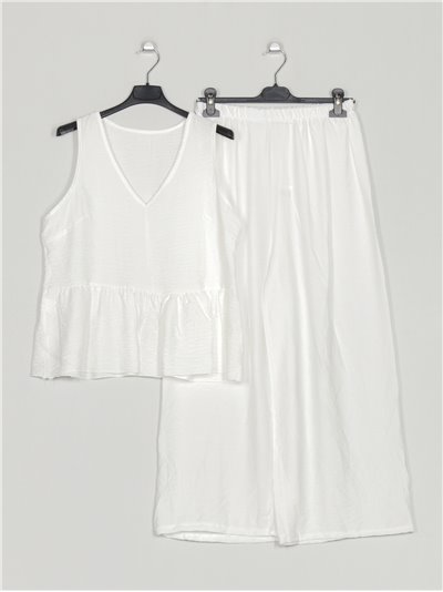 Conjunto Blusa efecto lino + Pantalón palazzo blanco