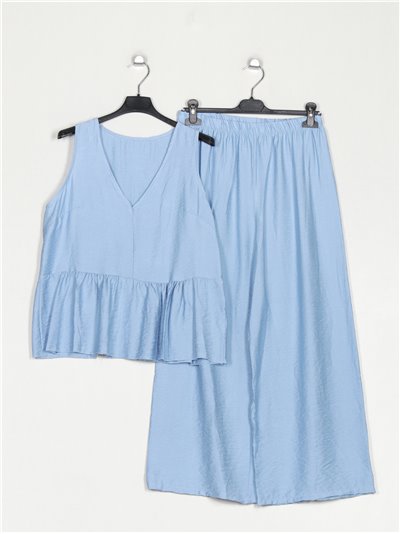 Conjunto Blusa efecto lino + Pantalón palazzo azul-claro