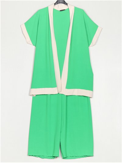 Conjunto Kimono contraste talla grande + pantalón verde-hierba