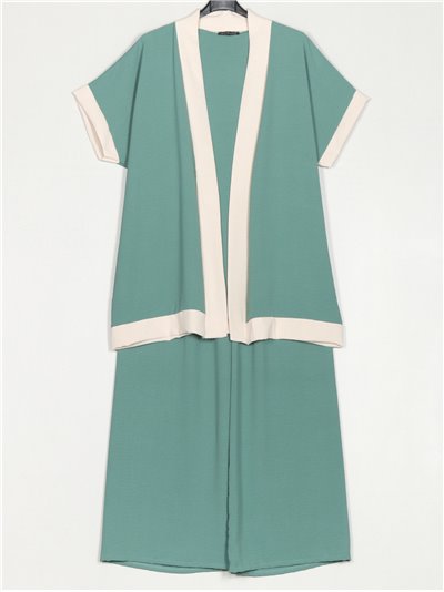Plus size contrast kimono + trousers 2 sets verde-agua