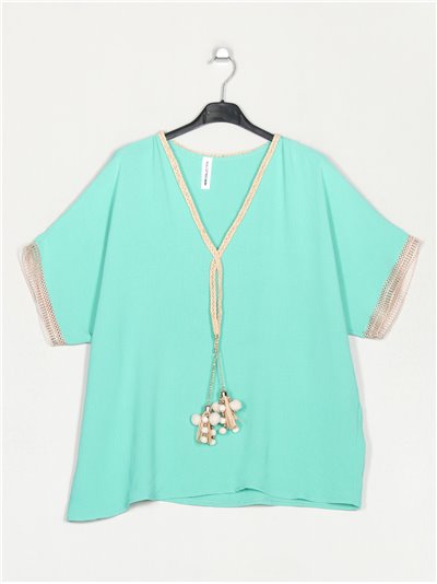 Plus size blouse with tassels details aguamarina