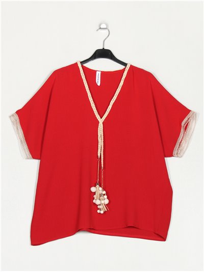 Plus size blouse with tassels details rojo