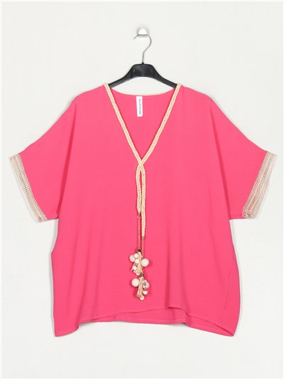 Plus size blouse with tassels details fucsia
