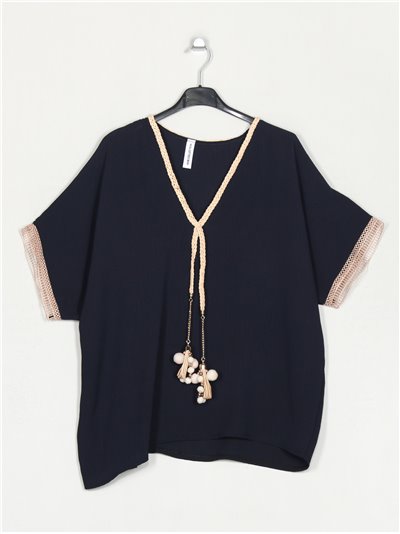 Plus size blouse with tassels details marino