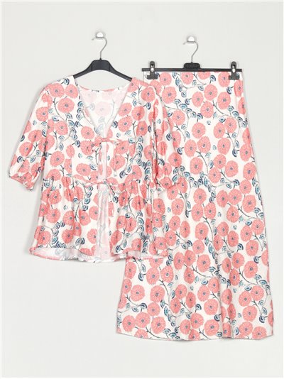 Lace up floral blouse + Skirt 2 sets rosa