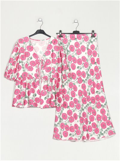 Lace up floral blouse + Skirt 2 sets fucsia