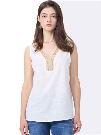 Beaded linen effect blouse blanco (M-L-XL-2XL)