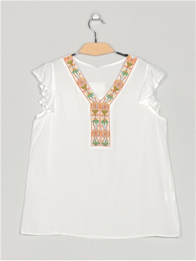 Embroidered blouse with ruffle trims blanco (M-L-XL-2XL)