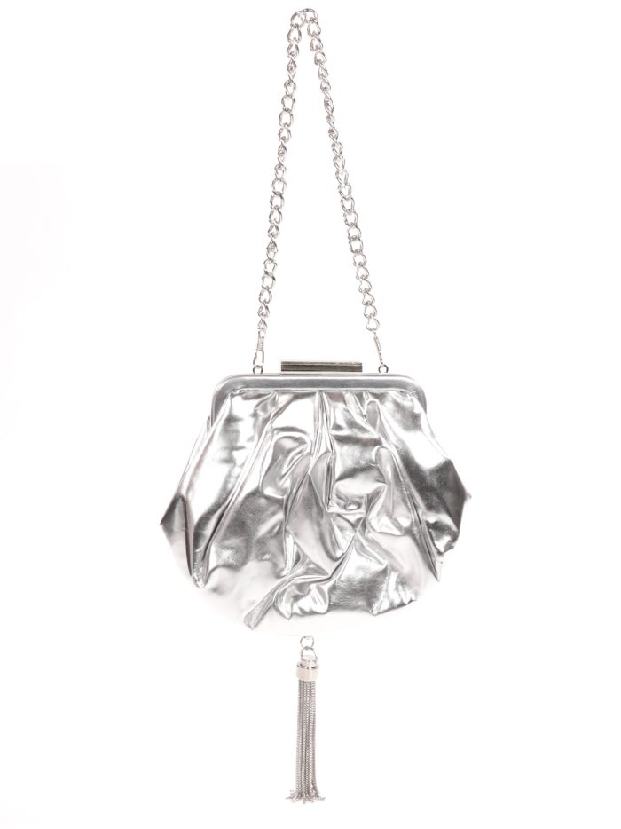 Clutch festa metallizzato con nappe argento