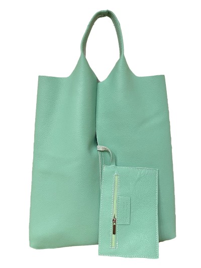 Bolso shopper piel + Sobre 2 piezas verde-agua