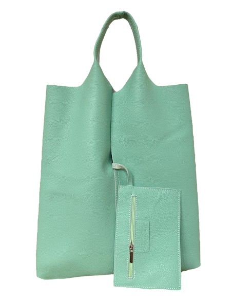 Bolso shopper piel + Sobre 2 piezas verde-agua