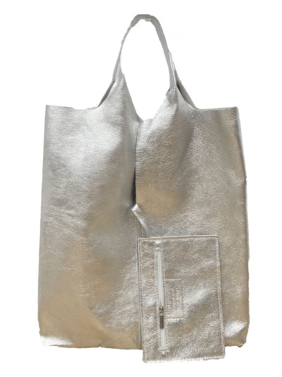 Bolso shopper piel + Sobre 2 piezas plata