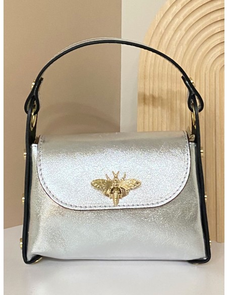 Studded leather mini tote bag plata