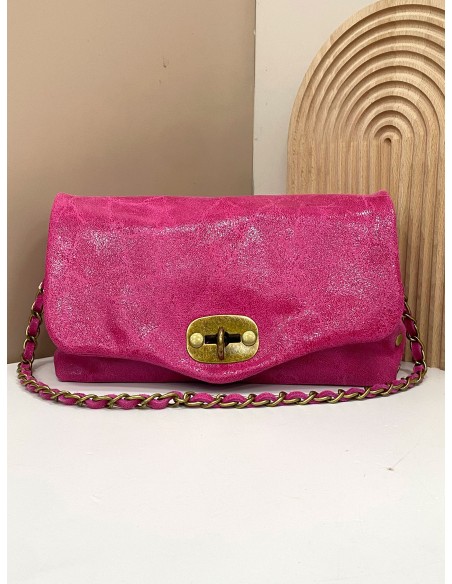 Mini bolso de mano piel solapa fucsia