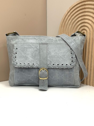 Bolso bandolera piel pespuntes gris-clarito