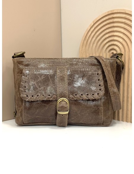 Bolso bandolera piel pespuntes taupe