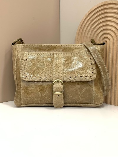 Bolso bandolera piel pespuntes beige