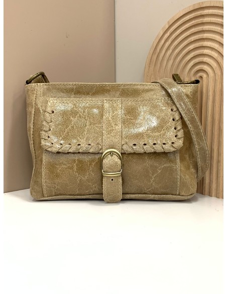 Bolso bandolera piel pespuntes beige