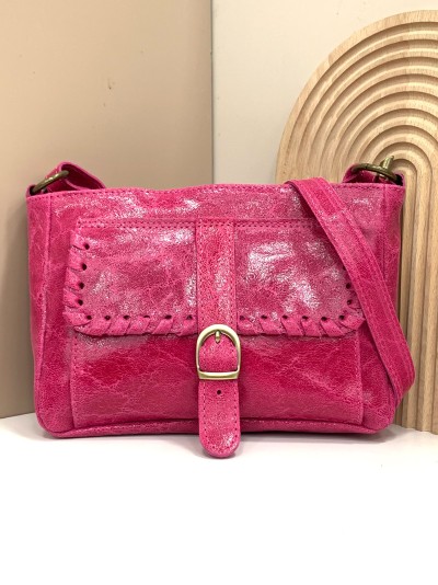 Bolso bandolera piel pespuntes fucsia