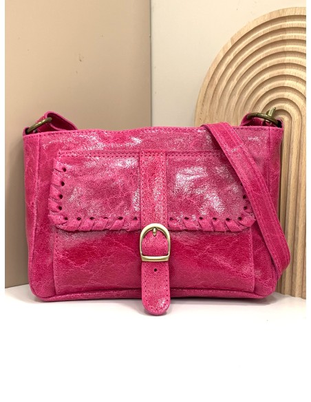 Bolso bandolera piel pespuntes fucsia