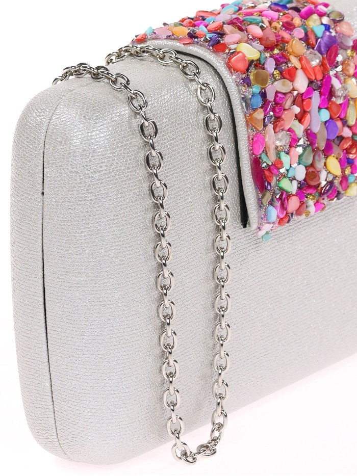 Bolso clutch de fiesta pedrería plata