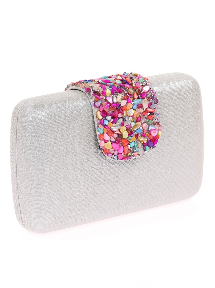 Bolso clutch de fiesta pedrería plata