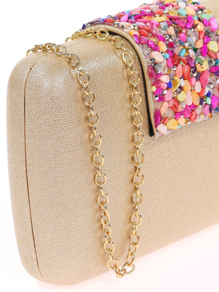 Bolso clutch de fiesta pedrería oro