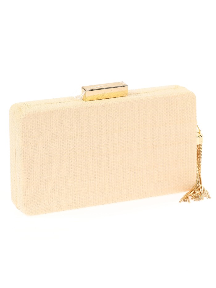 Pochette de soirée en raphia à pompons beige