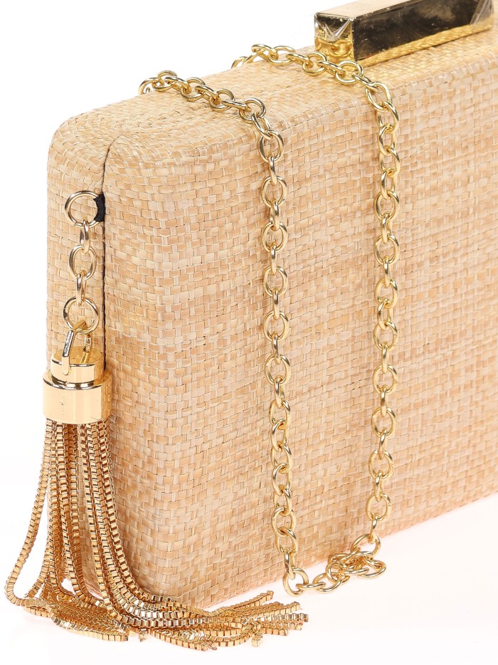 Bolso clutch de fiesta rafia borlas taupe