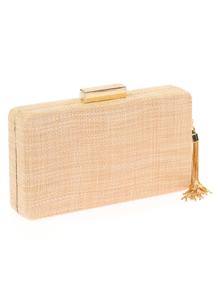 Bolso clutch de fiesta rafia borlas taupe