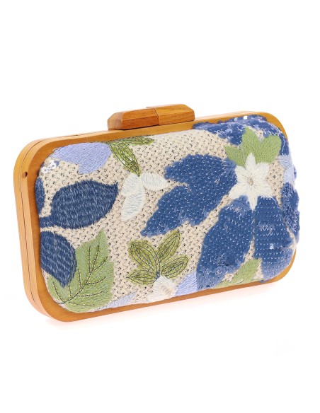 Bolso clutch de fiesta bordado rafia madera azul